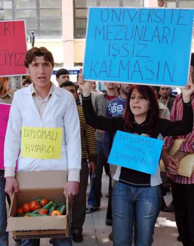 The yellow banner says: ' Diplomaed cucumber seller'