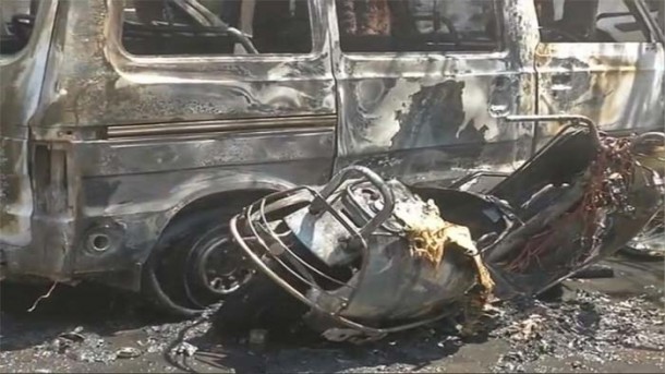 Vehicles damaged in blast in Bangalore, India.