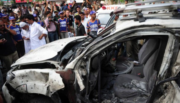 A vehicle damaged in bombing in Pakistan. File Pic